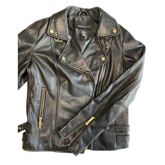 VTG Moda International Black Leather Motor Jacket Y2K Biker Size Small - Picture 3 of 11